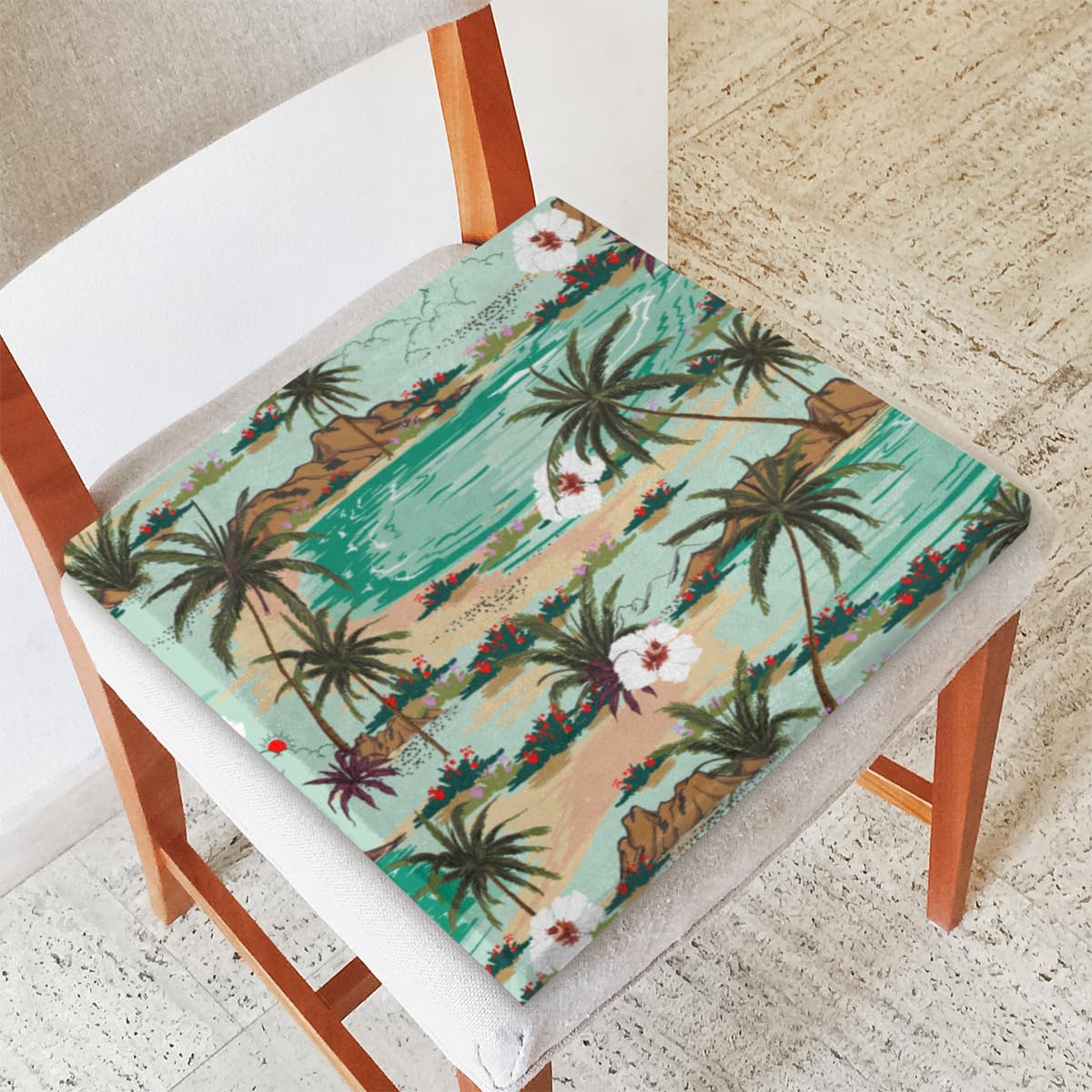 Aglebo Sea Flower Palm Tree Seat Cushion Comfort Square Chair Cushion Non-Slip Memory Foam Chair Pads Washable Seat Pad for Dinning Kitchen Office Patio Outdoor Chair Cushions, 16