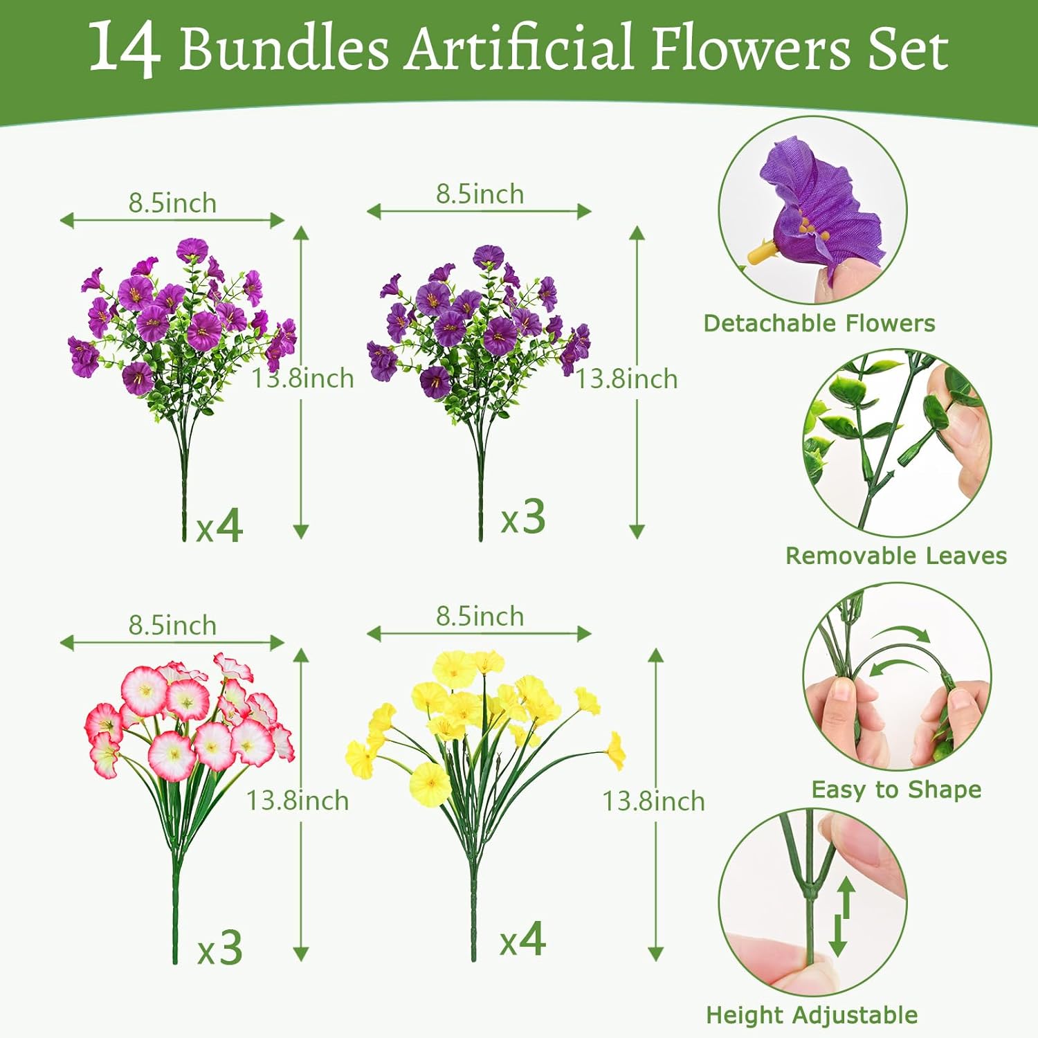 Artificial Flowers for Outdoors, 14 Bundles Fake Outdoor Flowers, UV Resistant Artificial Outdoor Plants & Flowers for Decoration, Colorful Morning Glory for Garden Porch Yard Patio, Mixed Color B - Image 3