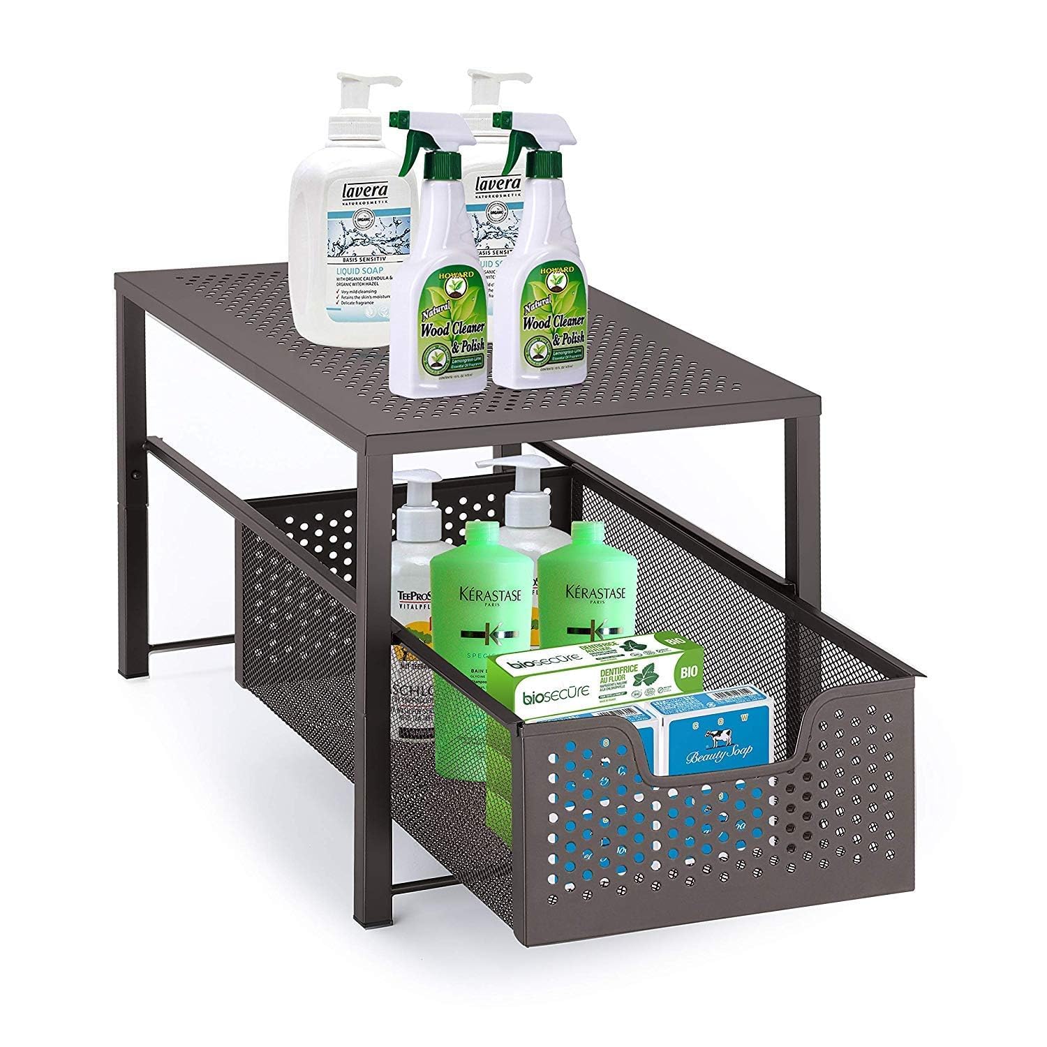 45892 Under Sink Cabinet Organizer with Sliding Storage Drawer, Desktop Organizer for Kitchen Bathroom Office, Stackbale, BLACK-picture-24