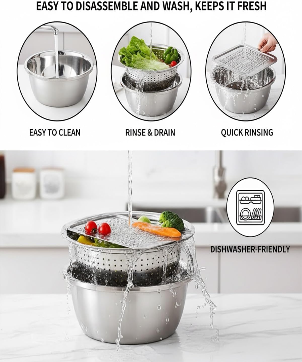 Germany Multifunctional Stainless Steel Basin Strainer Set, 5 in 1 Shredding & Drainage Chopping Basin Slicing Bowl, Vegetables Fruits Drain Basket, Colander Rice Rinser Food Graters(10.2IN)