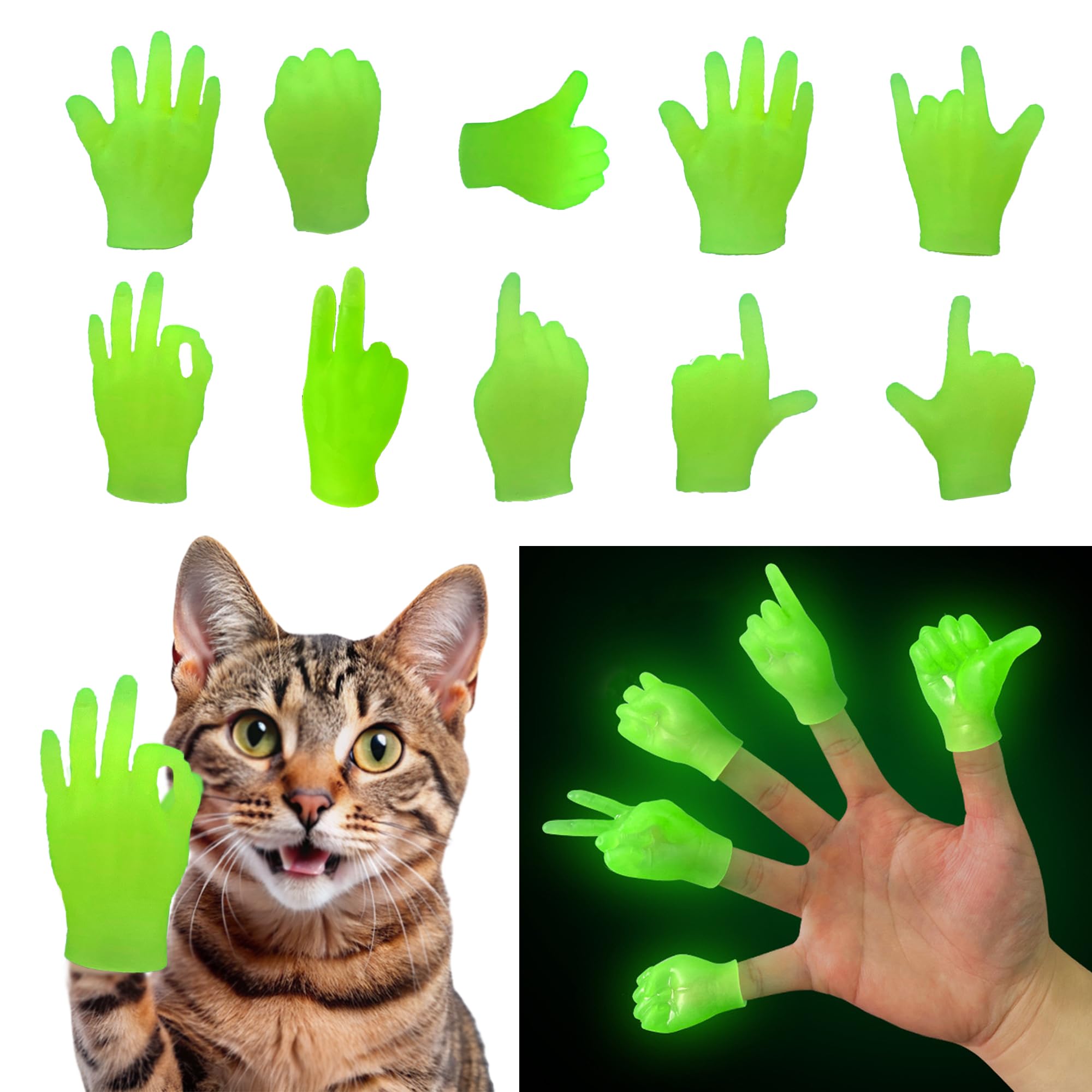 10 PCS Mini Hands, Glow in The Dark Tiny Premium Rubber Small Little Hands Realistic Miniature Plastic Portable Finger for Cat Gifts Puppet Show