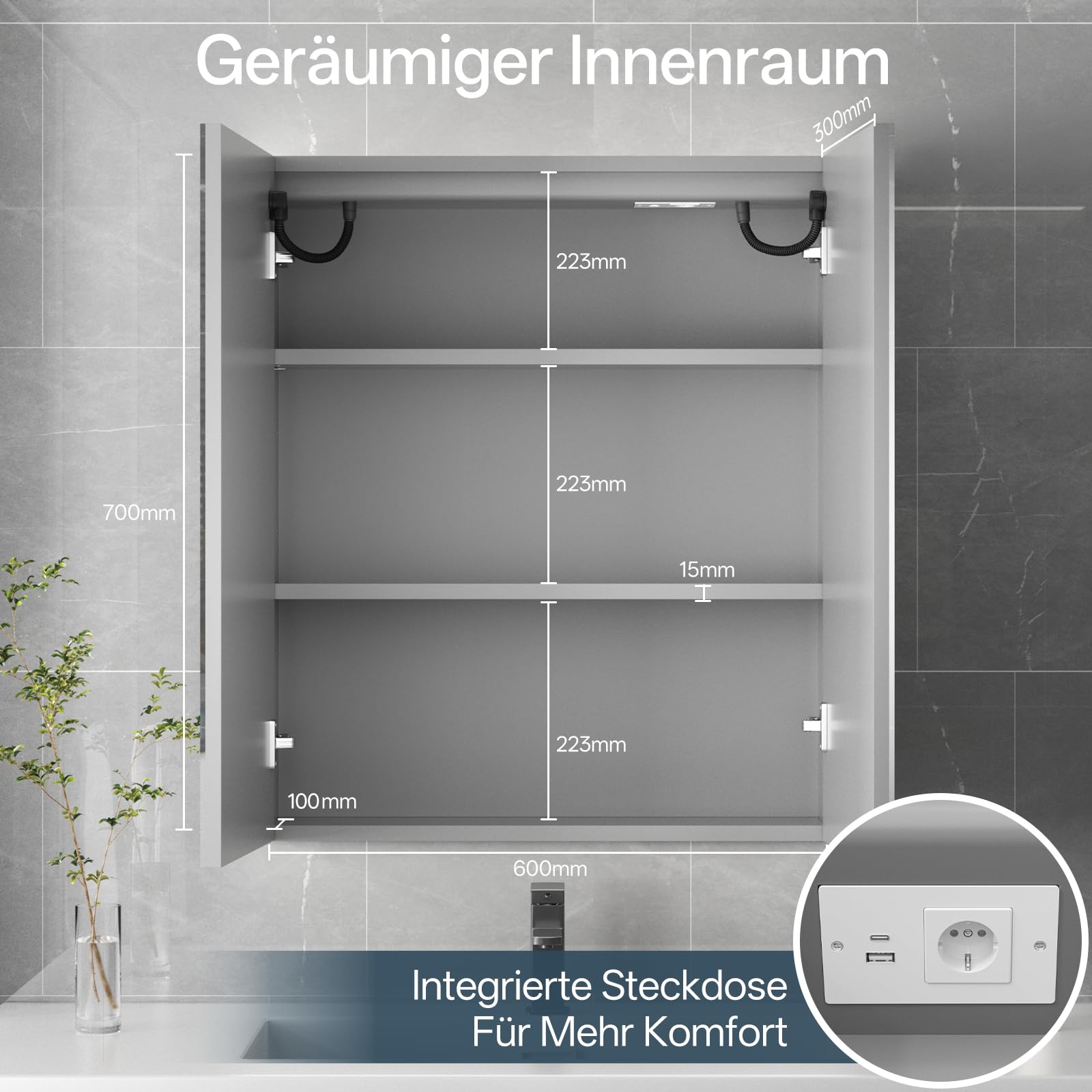 HySail Spiegelschrank Bad mit Beleuchtung, Dimmbare Helligkeit & 3 Farbtemperaturen, 60x70x14cm Badezimmer Spiegelschrank mit Touch-Schalter, Anti-Beschlag & Steckdose, Komplett Vormontiert
