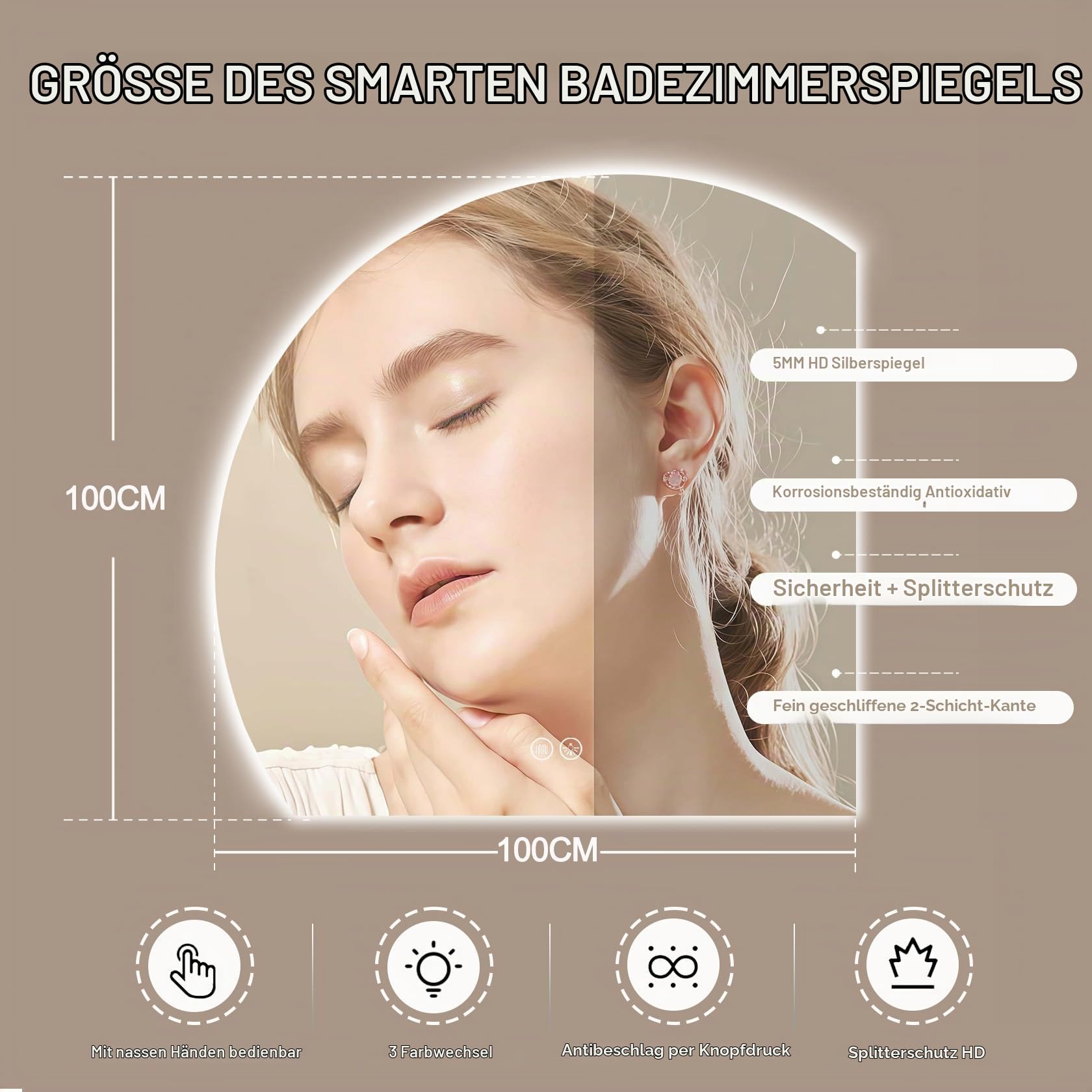 Spiegel Badezimmer Badspiegel mit Beleuchtung - LED Badezimmerspiegel Rund Wandspiegel Bad IP54 mit Touch-Schalter und Entfogger-Funktion 100cm Lichtspiegel Dimmbar 3000K-6500K(B, 100×100CM)