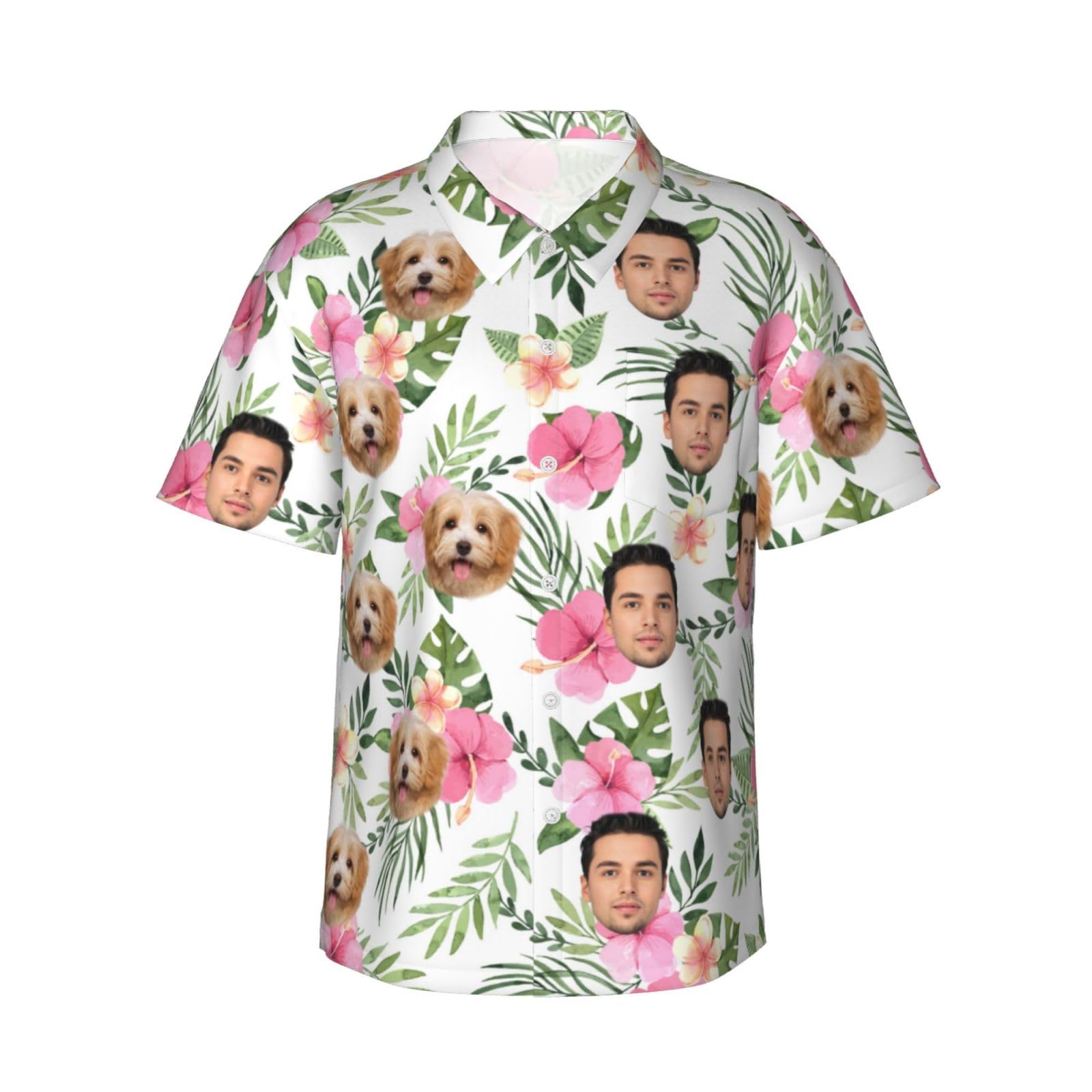 Naispanda Camisa Hawaiana Funky Personalizados con Foto, Casual Camisa de Playa, Hombre Manga Corta con Bolsillo Delantero Vacaciones Vintage Camisa Verano S-6XL - Cargar, Cara de Mascota, Cara de Amante