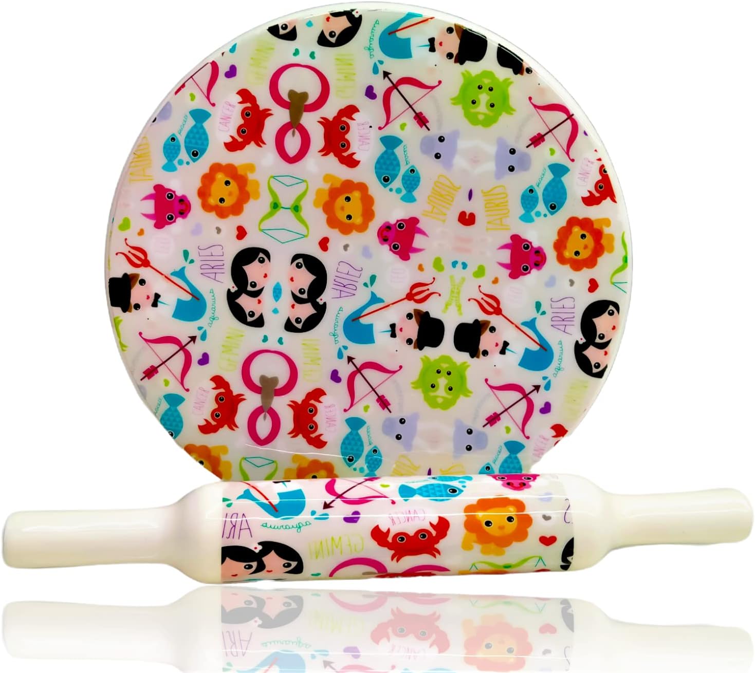 Samyuktha Printed White Marble Roti Maker with Wooden Belan Enamel Print/White Marble Chakla 10 Inch Diameter with Belan (Printed Enamel Chakla Belan) (Design 27)