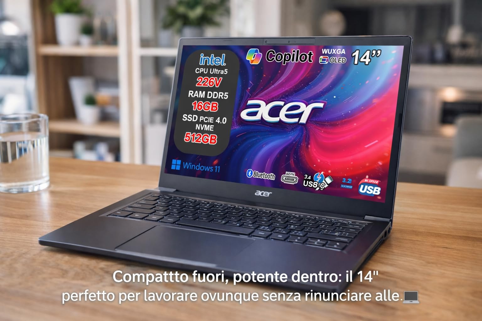 Acer Aspire 14 AI Notebook Intel Core Ultra 5 226V, 16GB RAM DDR5, 512GB SSD, 14” OLED WUXGA, Intel Arc, Copilot+ PC, WiFi 6E, BT 5.3, Thunderbolt 4, Tastiera Retroilluminata, Windows 11