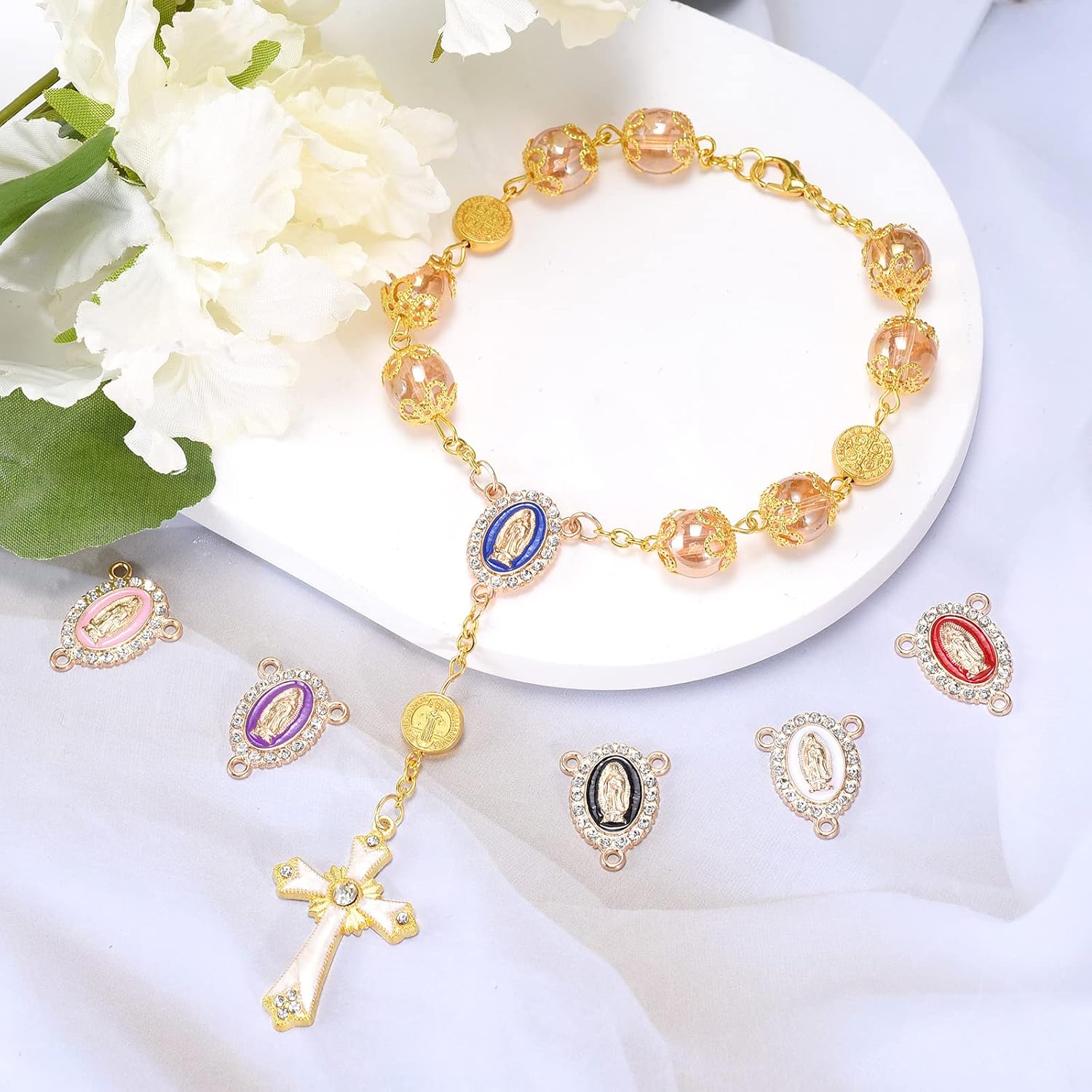 36Pcs Rosary Centerpiece Parts Rhinestones Virgen de Guadalupe Charms Alloy Enamel Oval Virgin Mary Charm Pendant Link for Diy Prayer Necklace Making Supplies - Image 9