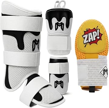 MediCaptain White TripleGuard Leg Guard, Hand Guard, Elbow Guard + Comic Sliding Mitt Baseball Hitter Protection Bundle Youth