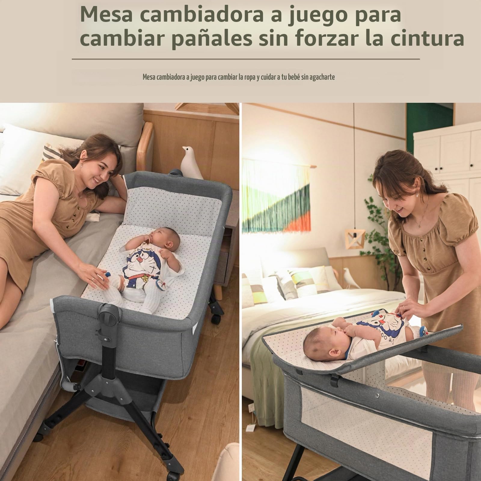 Cuna de noche portátil, altura ajustable, con cesta de almacenamiento de mosquitera, gris y negro (KHAKI)