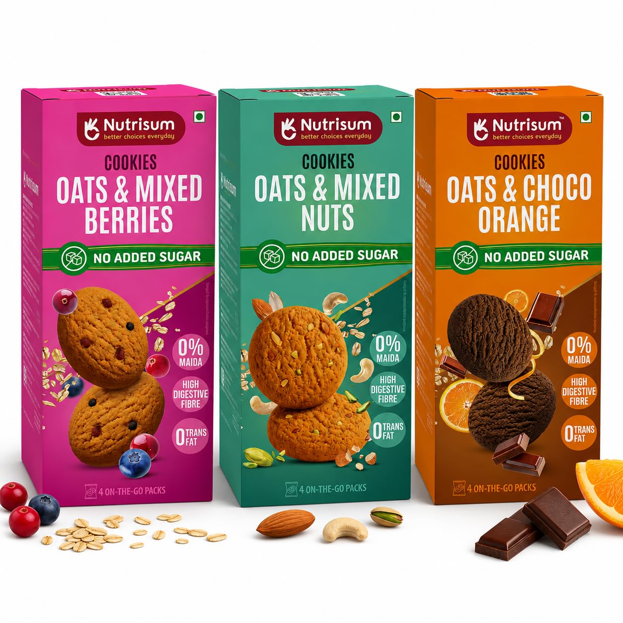 Nutrisum Assorted Oats Cookies | Pack of 3 x 70g each | Cookie Pack with Fresh Berries, Crunchy Nuts & Richness of Cocoa | Digestive High Fibre Biscuits | No Maida & Preservatives | Refined Sugar Free-image-22