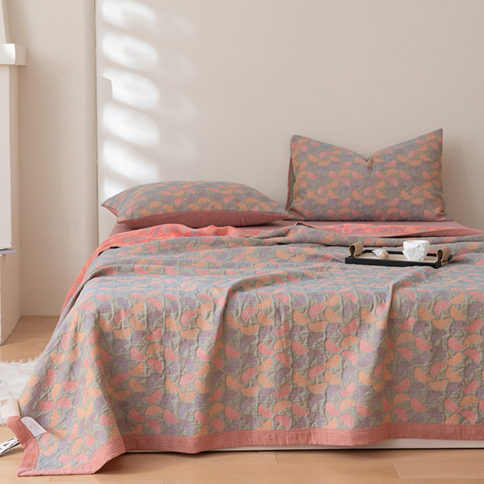 EdredóN Reversible de Hojas de Ginkgo, Colcha de Muselina de AlgodóN con Hojas de Ginkgo Suave Y Transpirable Juego de Ropa de Cama de 3 Piezas Manta Lavable A MáQuina(E,150 * 240cm/59 * 94")