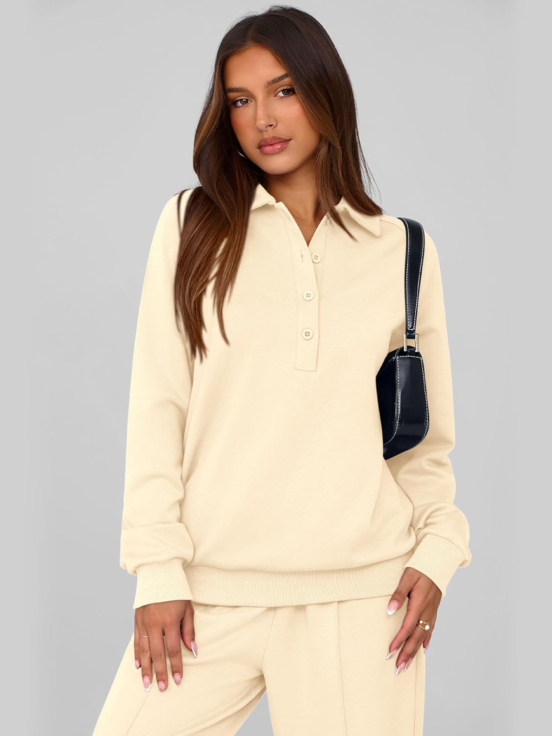 PRETTYGARDEN Women Fall 2 Piece Outfits Sweatsuits Quarter Button Long Sleeve Sweatshirt Wide Leg Pants Tracksuit Lounge Sets - Image 5