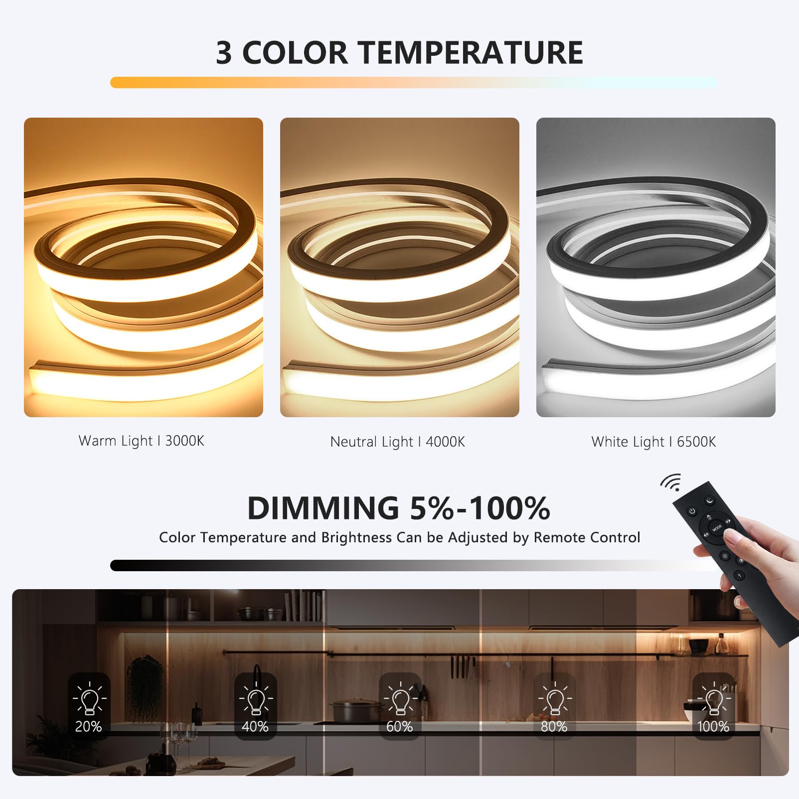 10m Neon LED Streifen 230V Dimmbar mit Fernbedienung Warmweiss 3000K-Weiß 6500K Silikon Wasserdicht IP65 Led Strip 10mm Led Lichterkette Außen Flexibler Lichtband Aussenbereich mit Netzteil
