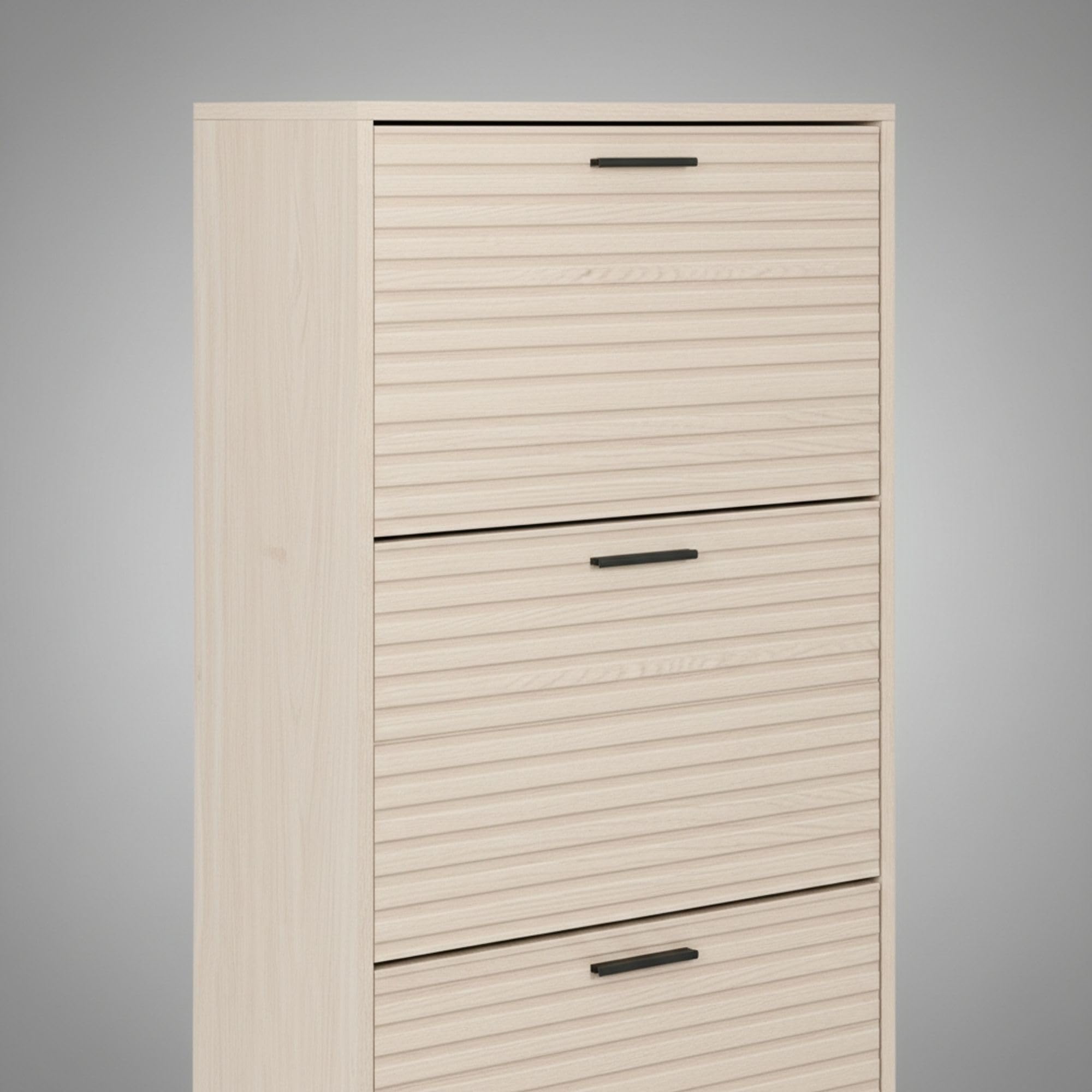 INDE MOBLEKIT | Zapatero 3 Niveles 60×24×115 cm Acabado Slat, Mueble Zapatero Entrada Estrecho con Puertas Abatibles, Organizador de Zapatos para Recibidor o Dormitorio