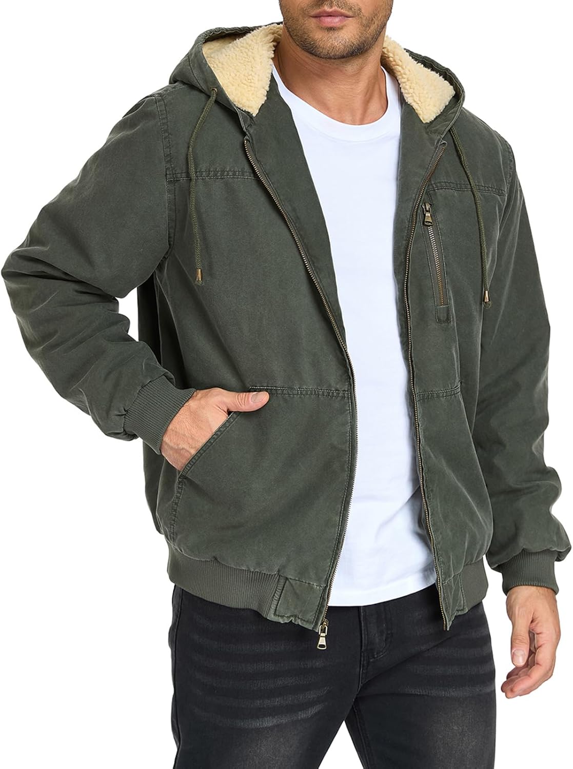 Oymyakon Men's Washed Work Jackets Sherpa Fleece Lined Workwear Coats Relaxed Fit Winter Hooded Utility Jacket