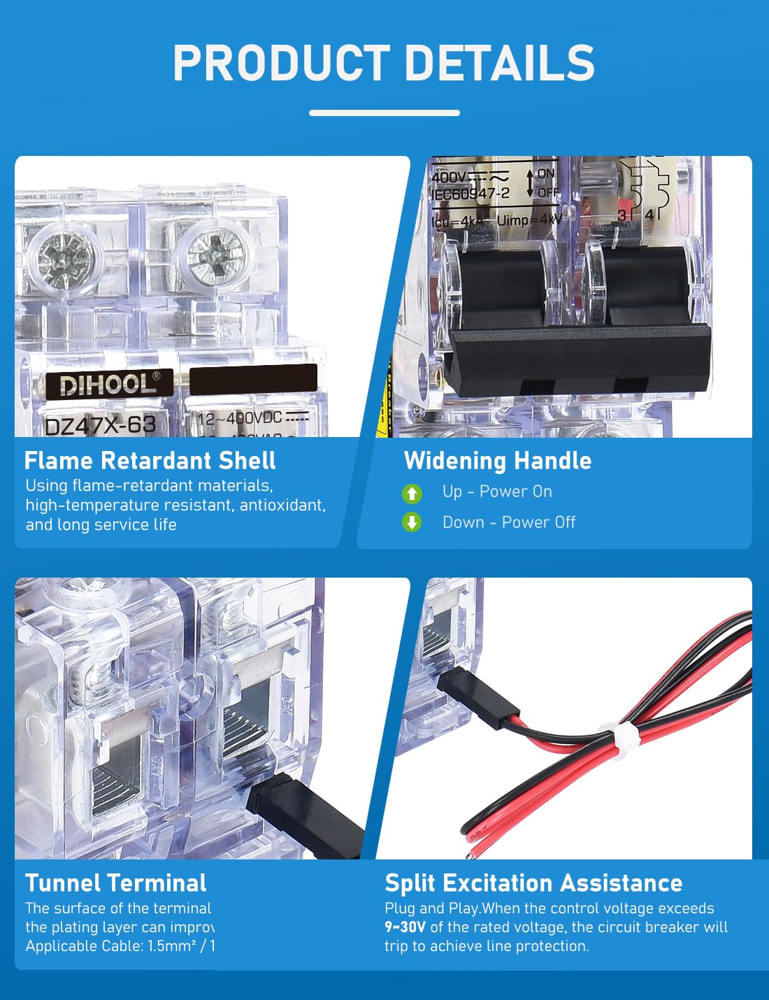 DIHOOL 60A DC Circuit Breaker with Remote Control, 12V-400V DC & 90-400V AC, 2 Pole Miniature Circuit Breaker, DIN Rail Mount Disconnect Switch — Amazon image 8