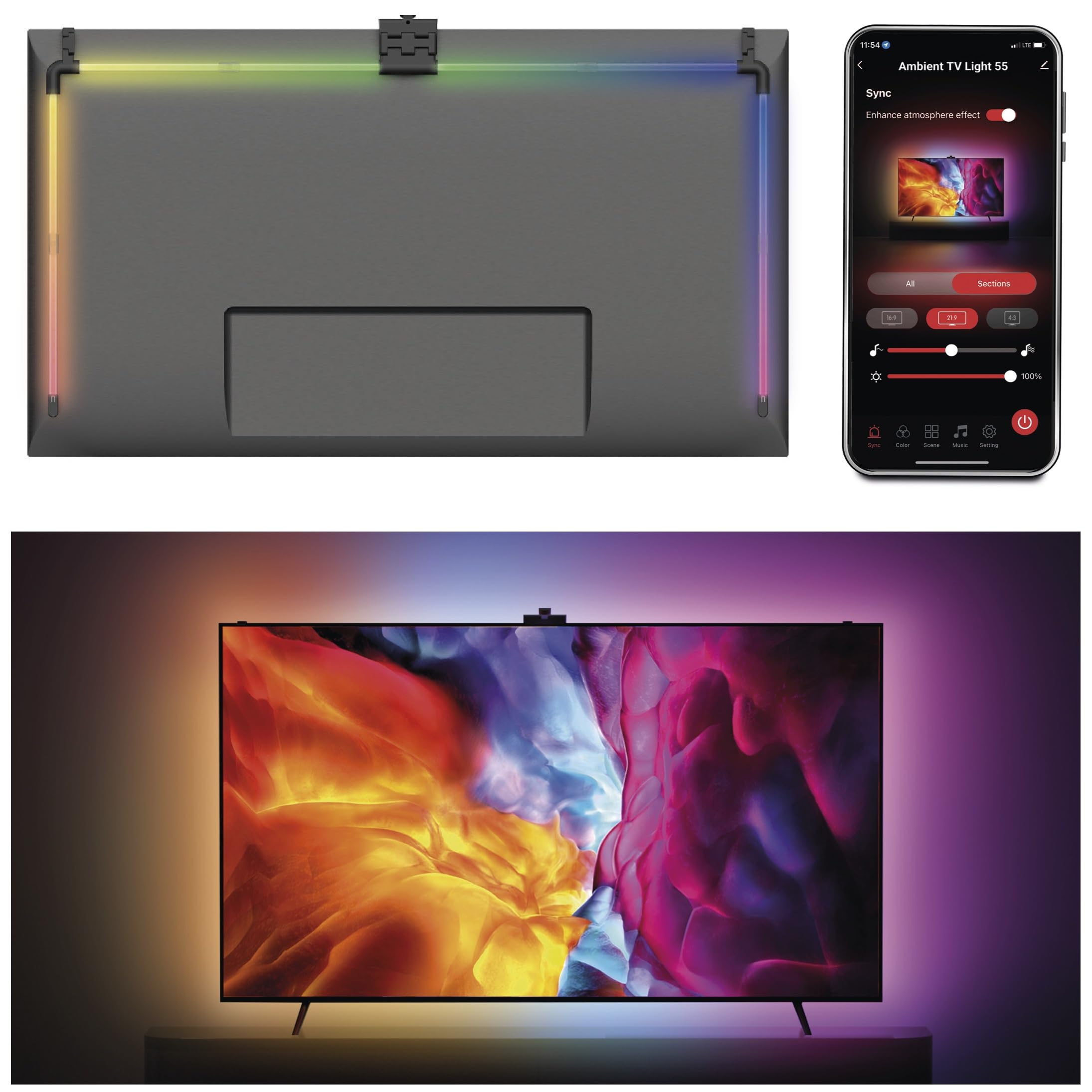 EMOS - Smarte TV Hintergrundbeleuchtung für 55“ TV (139 cm) - abnehmbare RGBIC LED Light Tubes für Fernseher, mit Kamera - Helligkeit 450 lm - WiFi Konnektivität, Appsteuerung, Sprachassistenten