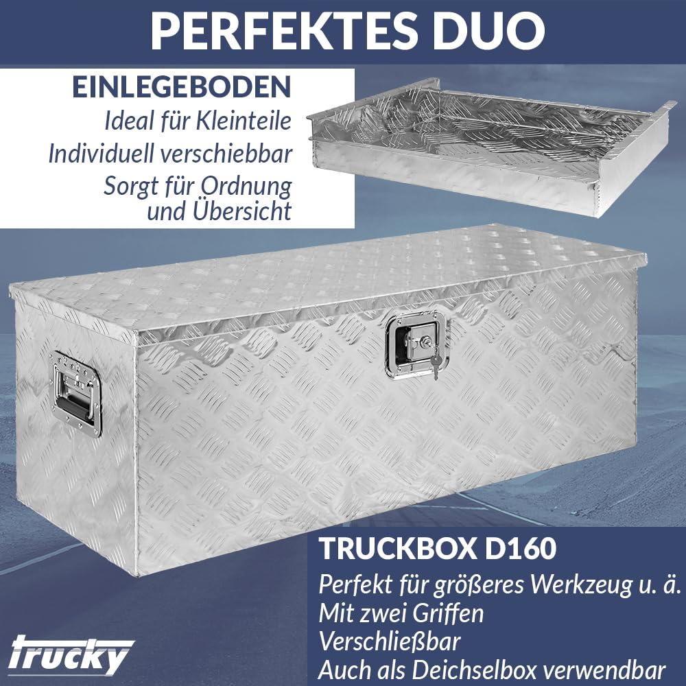 Trucky Zestaw D160 + schowek do zawieszania, skrzynka narzędziowa, skrzynka na przyczepę, aluminiowa skrzynka na przyczepę, pojemnik aluminiowy, pojemnik na wkładkę, pojemnik na przybory