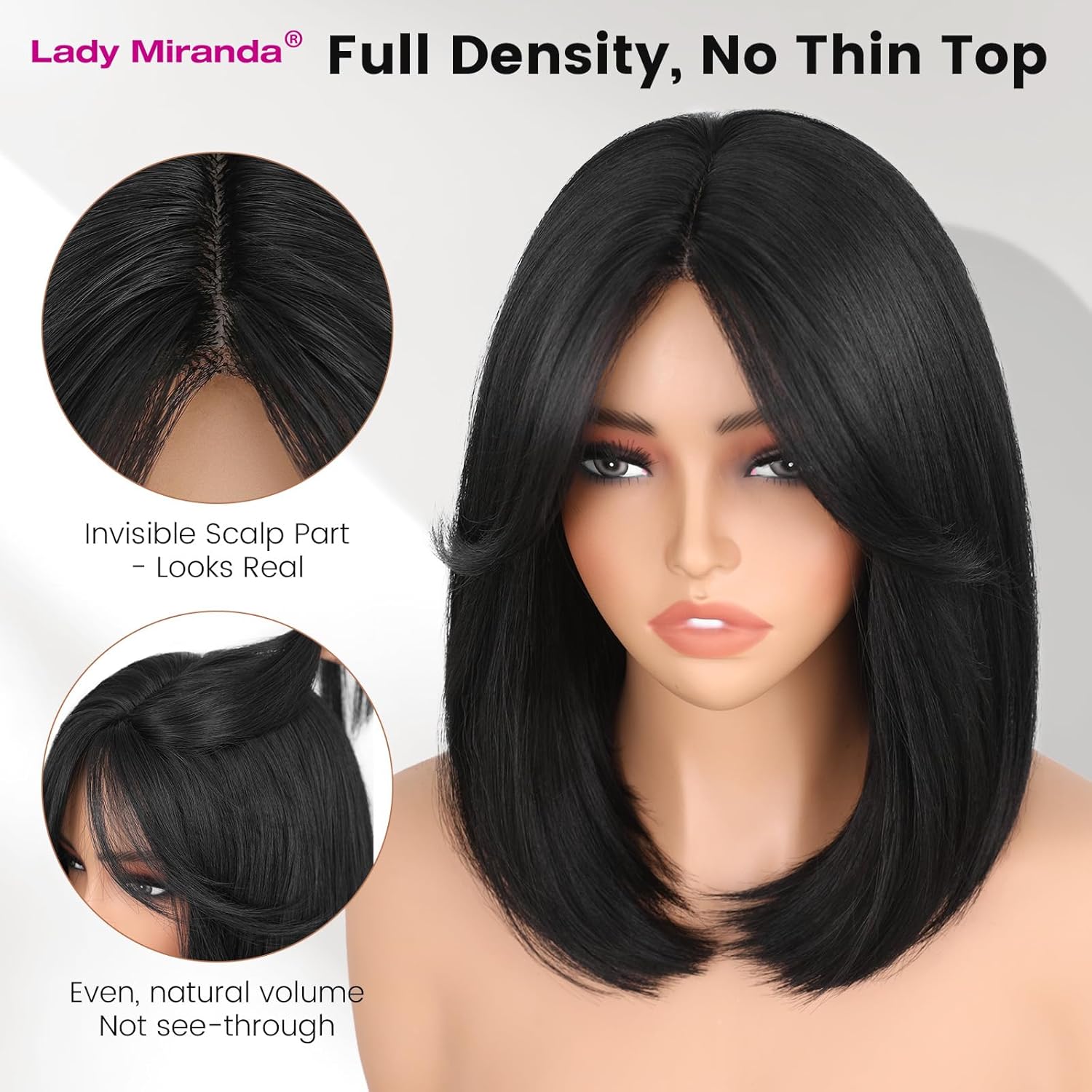 Lady Miranda 12 Inch Bob Wig with Curtain Bangs Short Straight Black Bob Wig with Bangs Natural-Looking Synthetic Wig Daily Wear and Go Wigs for Women (Black)