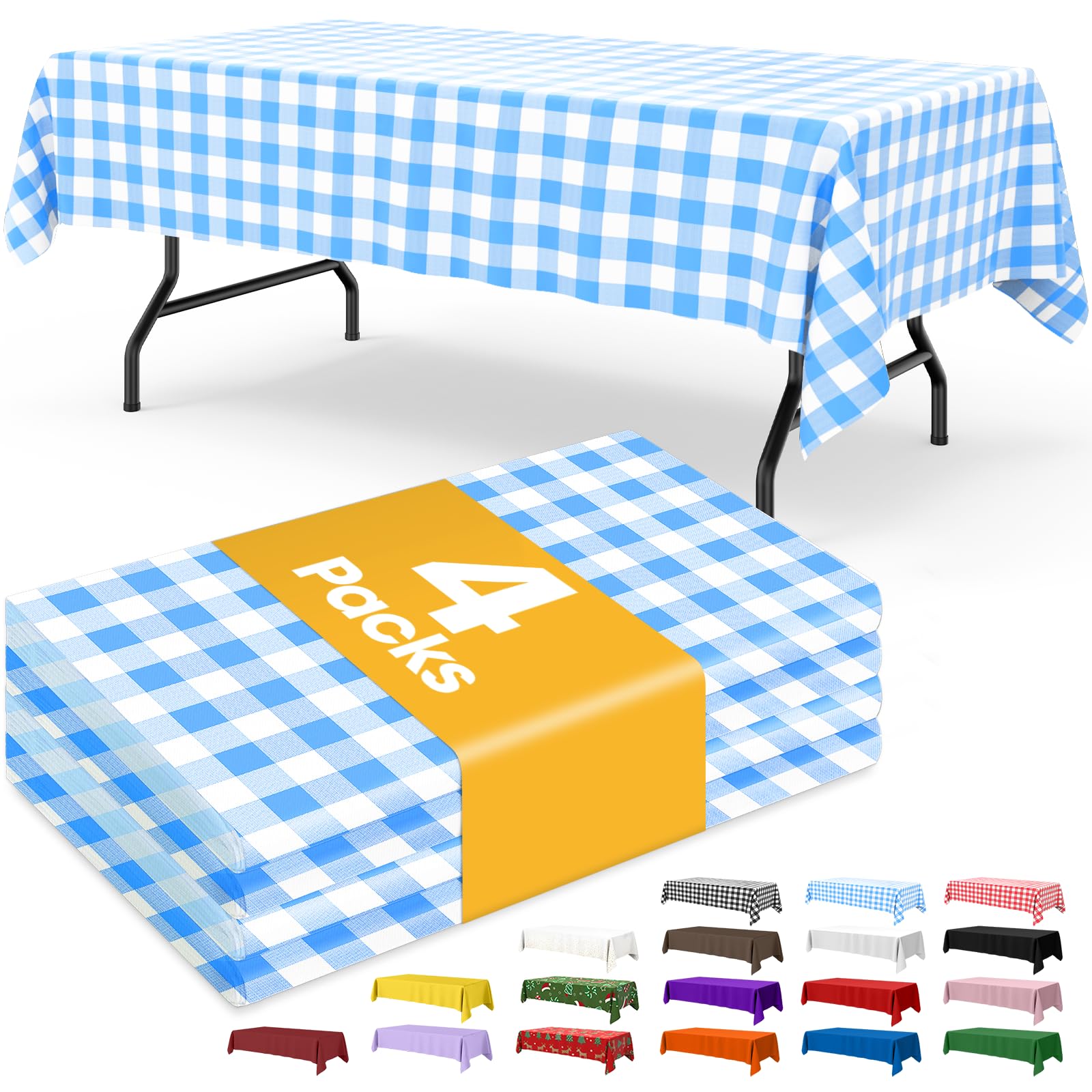 Niuara Blue Checkered Plastic Table Cloth Disposable, 4 Pack, 54 x 108 in