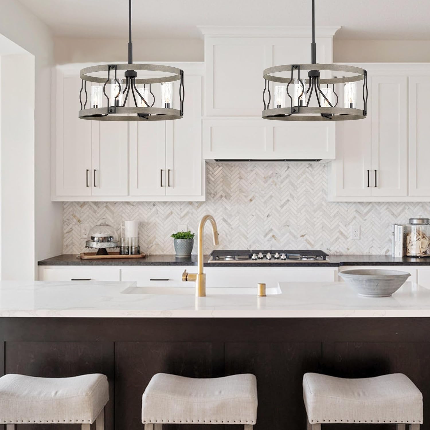 Kira Home Keaton 20" 4-Light Modern Farmhouse Drum Pendant Light + Cylinder Glass Shades, Gray Oak Wood Style + Textured Black Finish