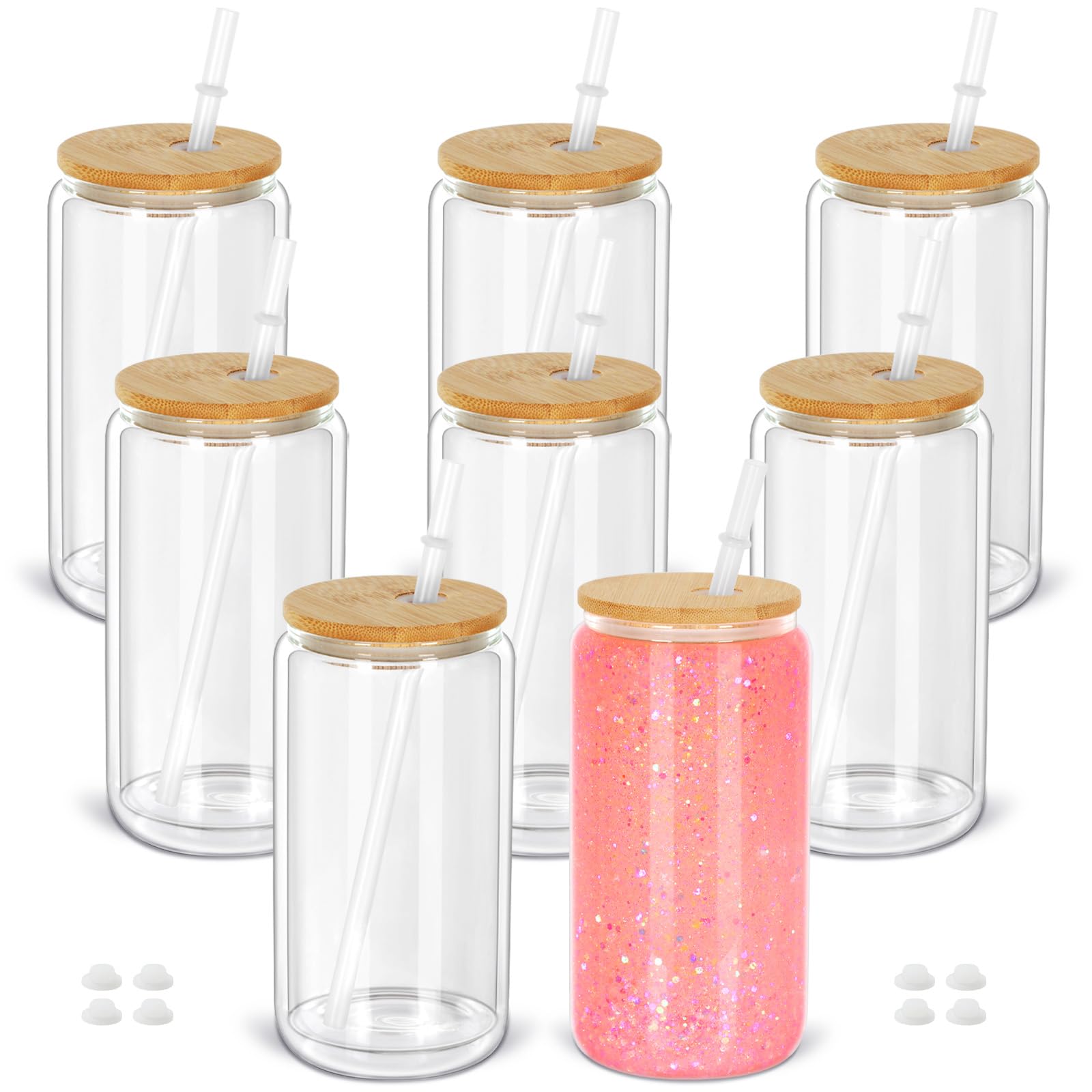 Cosictic 16 OZ Snow Globe Tumbler, Glass Pre Drilled Hole Snow Globe Cups with Plug and Straw, Double Wall DIY Glitter Snowglobe（8 Pack）
