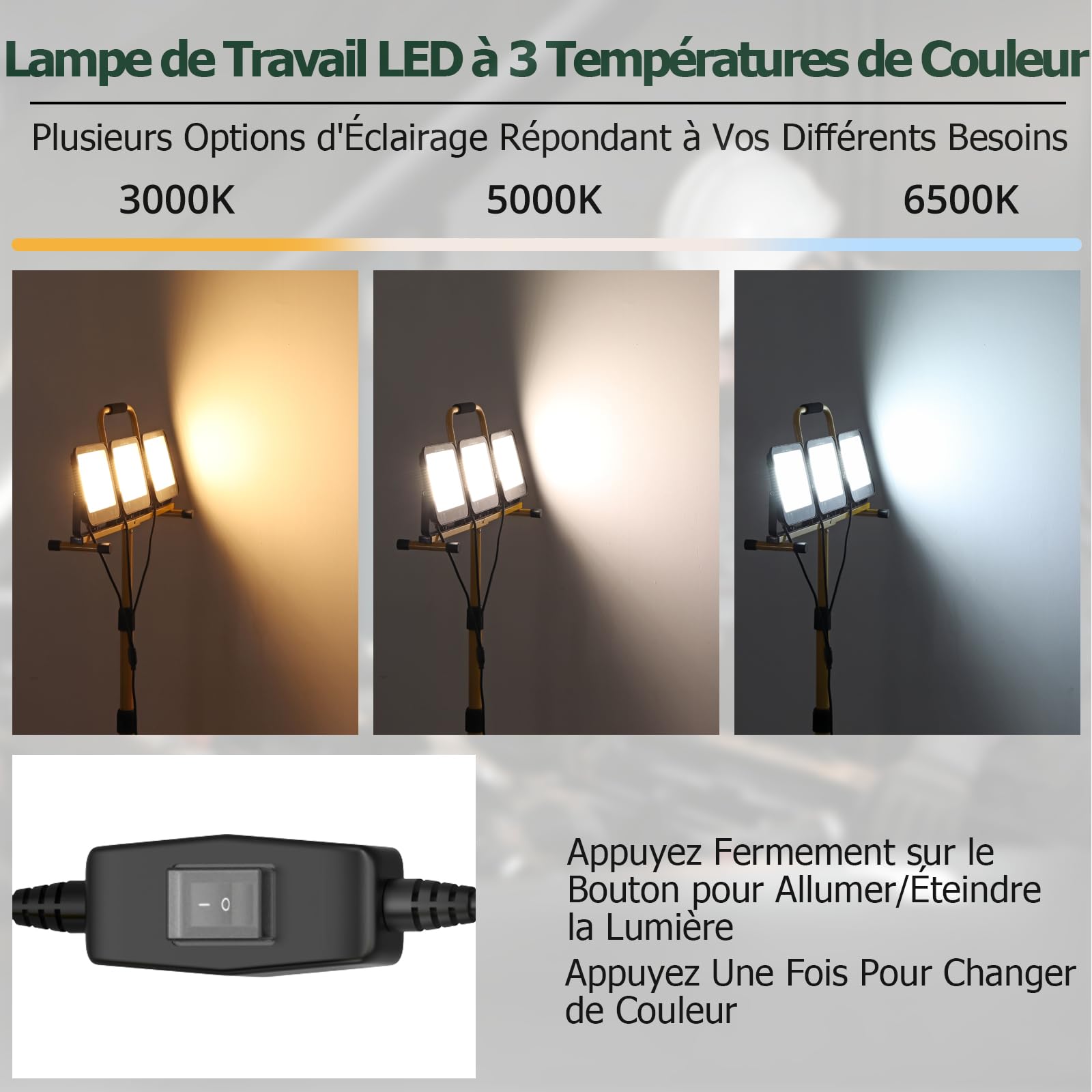 JiGiU Projecteur de Chantier LED 100W, avec 3 Températures de Couleur
