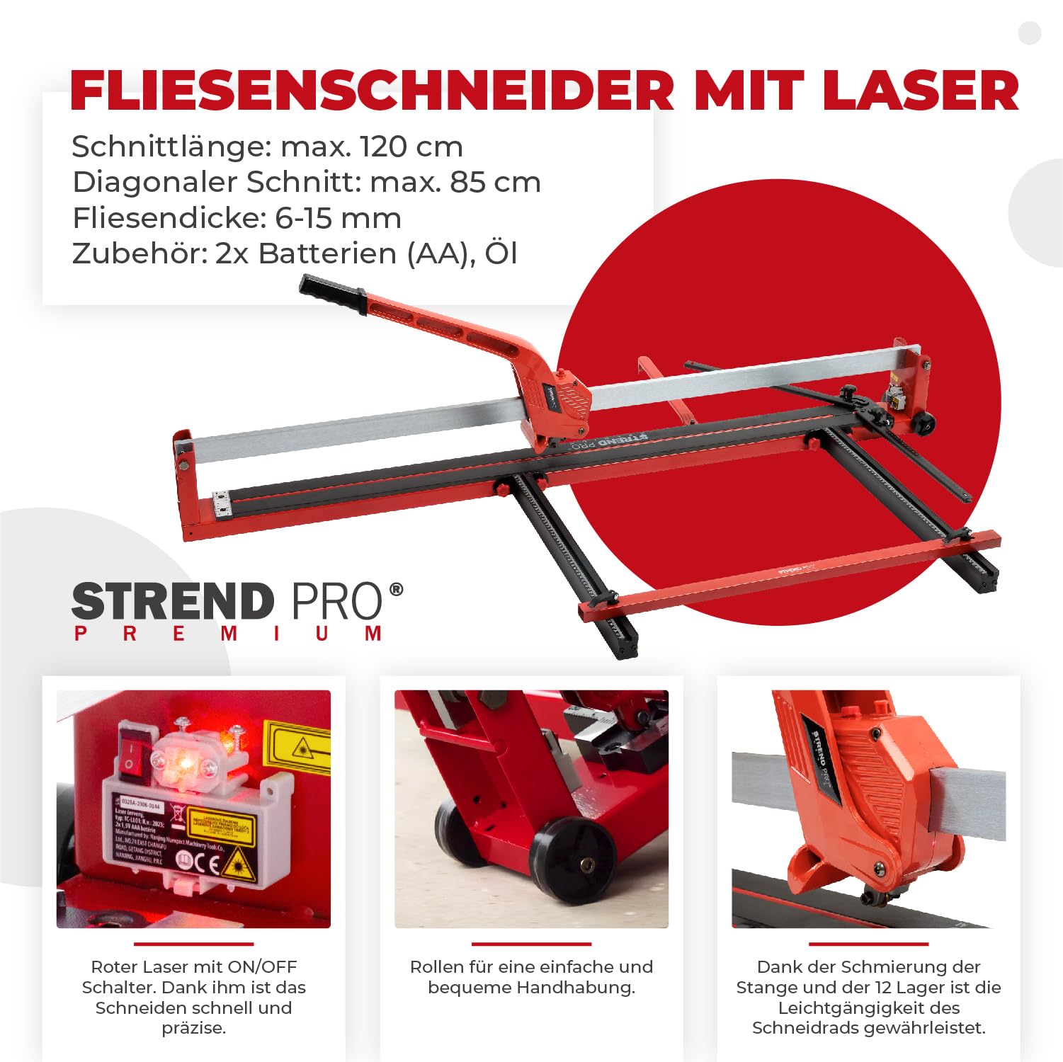 STREND PRO Fliesenschneider 1200mm mit LASER | Fliesen werkzeug PROFI mit TITANIUM schneidrad | 2x Verlängerungsarme, IDEAL für GROSSFORMATFLIESEN | Porzellan, Keramik, Marmor, Glasur, Fliesen
