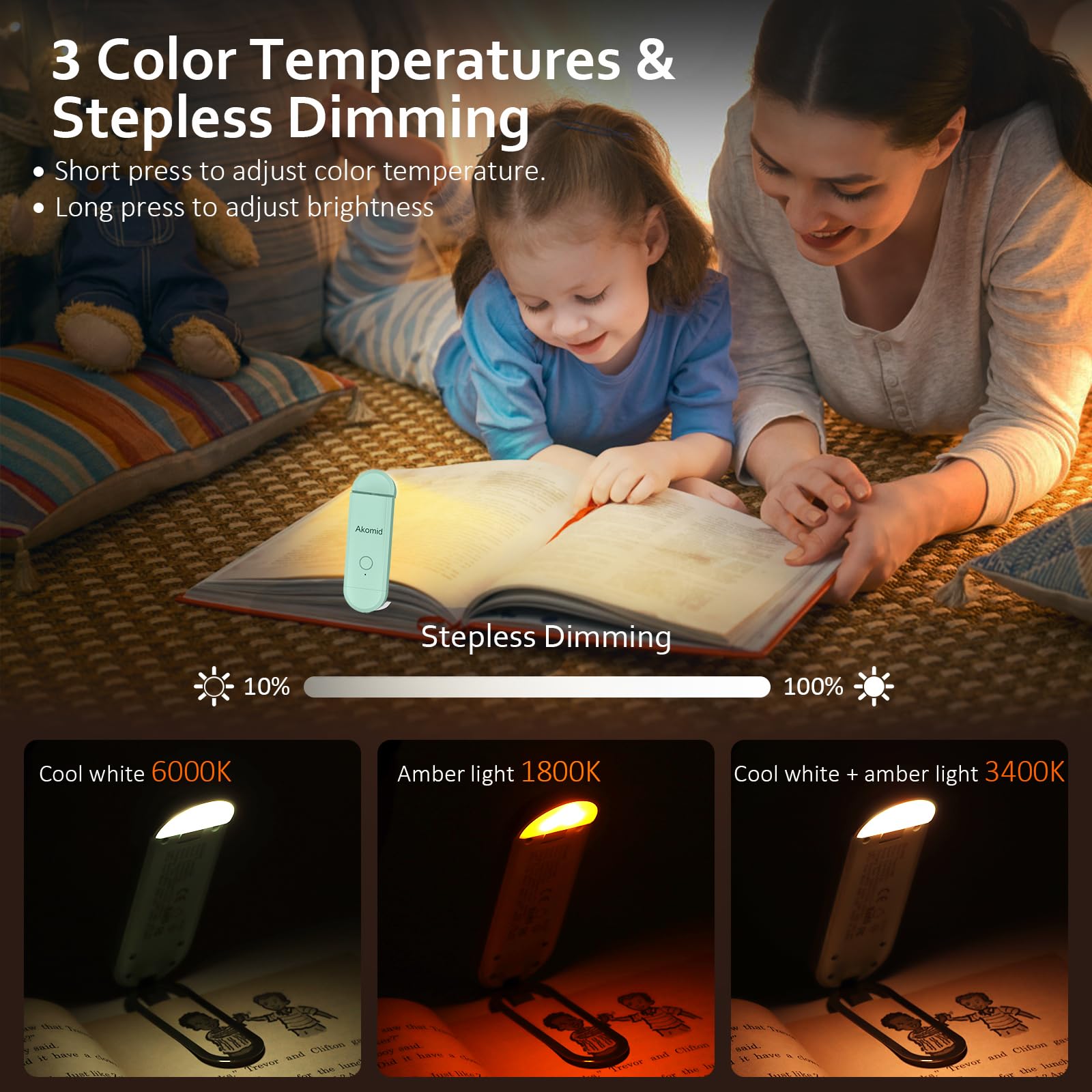 Akomid Lampe de lecture rechargeable par USB, à clipser, lumière ambrée pour lire au lit des enfants, 8 LED, intensité variable en continu, turquoise