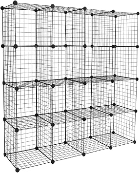 16-Cube Organizer Shelf, Metal Grid Storage Shelves, DIY Modular Wire Cube Bookcase, Closet & Office Storage Unit, 13.8 Cubes, Black