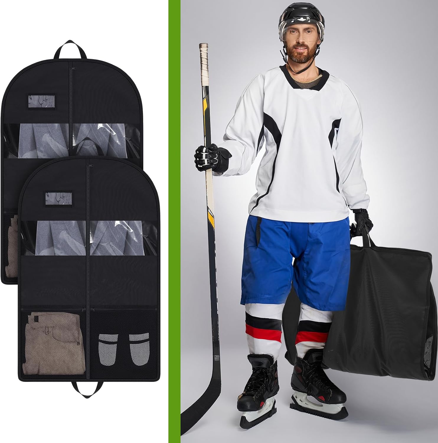 Windyun 2 Pcs Hockey Jersey Garment Foldable Bag,Black,38" x 24",Novelty | Heavy Duty Fabric Protects Jerseys, Hanging Design with Easy Storage, Ideal for Travel and Team Sports, Fits 38x24 Gear