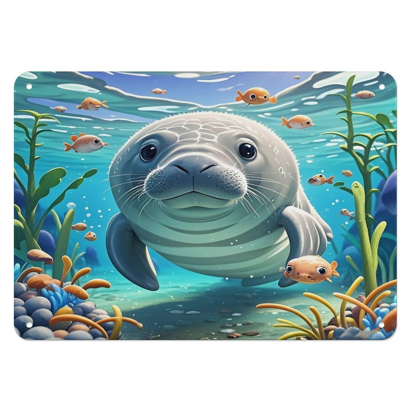 Fekiloot Style Cute Sea Animal Manatee Wall Decor Iron Painting Metal Sign