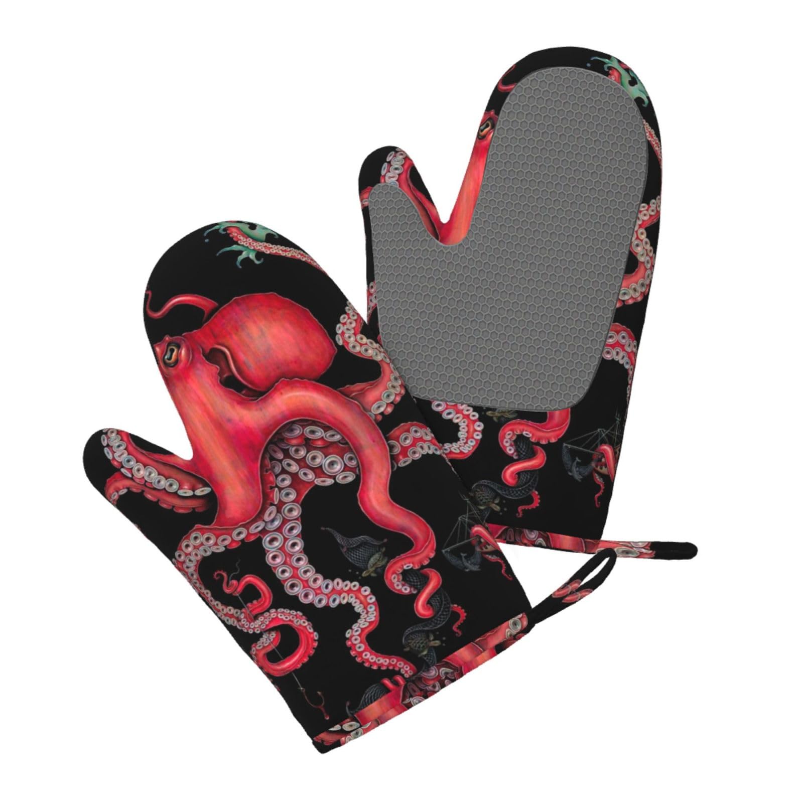 Aqrjlpo Women's Octopus Intertwined Silicone Oven Mitts Set 2Pcs, Printed Heat Resistant Non-Slip Silicone Oven Gloves For Kitchen Cooking Baking Microwave