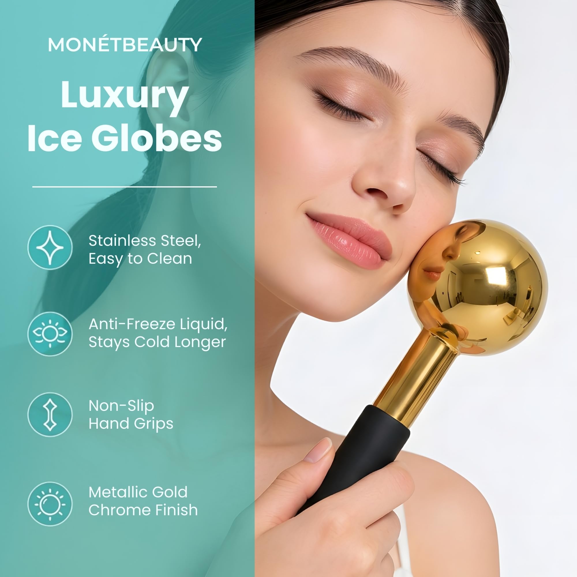 MonétBeauty Globos de hielo de acero inoxidable para tratamientos faciales, mango negro dorado, globos criogénicos duraderos que reducen instantáneamente la hinchazón, aprietan los poros y el alivio