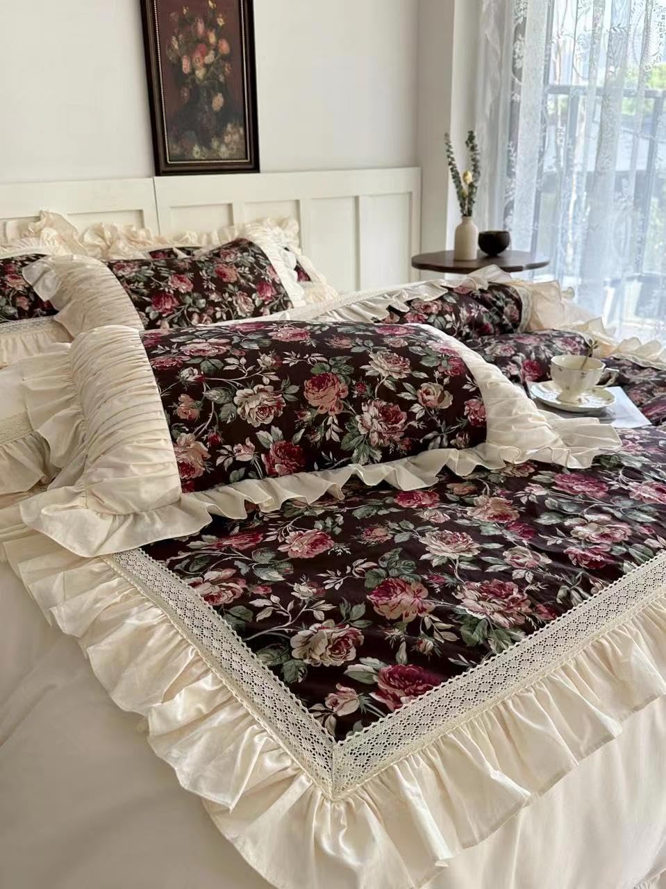 LELVA Flower and Plaid Print Duvet Cover Set with Ruffled Bed Skrit Full Bedding for Girls Cotton Rural Style Bed Sets 4 Piece Green