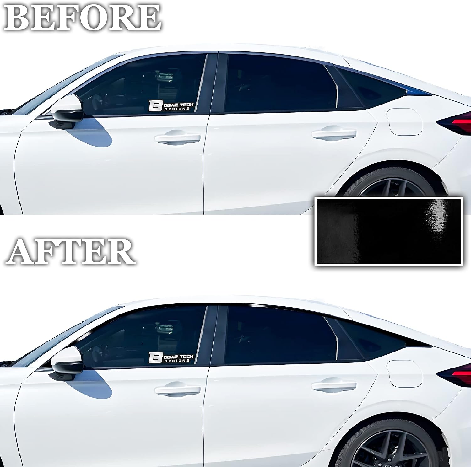 BOGAR TECH DESIGNS for Honda Civic Hatchback 2022-2026 Side Window Chrome Delete – Precut Vinyl Trim Overlay, Gloss Black Blackout Appearance