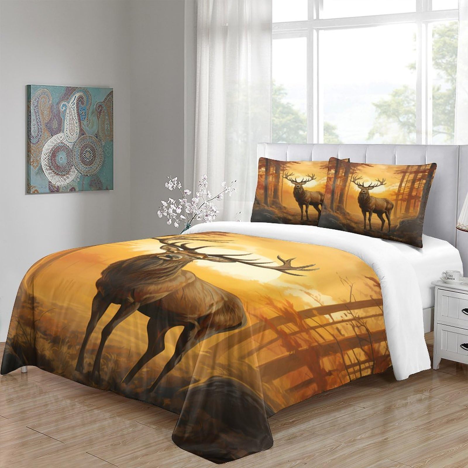 Cervo Silvestre Copripiumino 3D Stampato Microfibra Morbida Arredo Camera Set Biancheria Coppia Animali Foresta Traspirante per Adulti Giovani Super king（260x220cm）