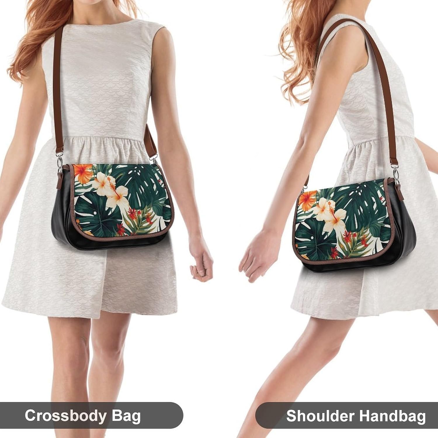 Tropical Summer Hawaiian Flower Palm Leaves Shoulder Bag for Women Small Crossbody Bag PU Leather Underarm Handbag with Adjustable Strap Cute Hobo Purses for Daily Commute Travel