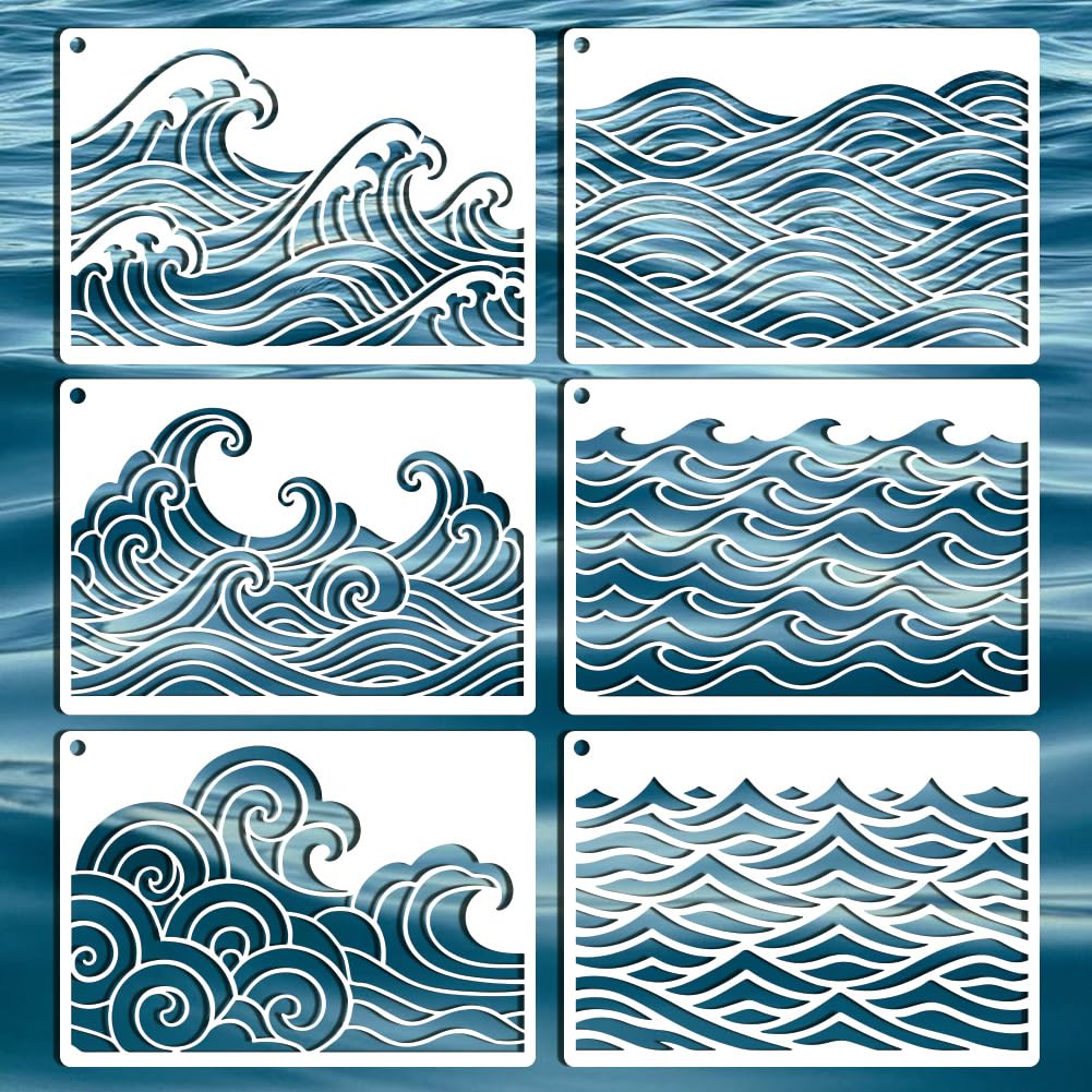 GOMAKERER 6 Sheets Wave Stencils for Painting, 6 Styles Summer Ocean Sea Wave Wall Stencil Template Reusable Beach Theme Decor Stencils for Painting on Wall Wood Home Decor