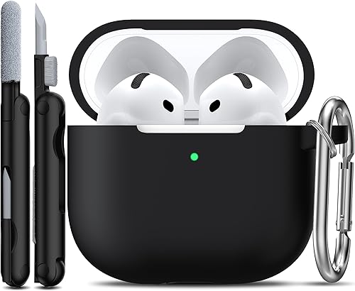 R-fun for AirPods 4 Case with Cleaner Kit,Full Protective Soft Skin Silicone Cover with Keychain for AirPods 4 Gen Case for Men Women,Compatible with Apple AirPods 4th Genaration case 2024,Black