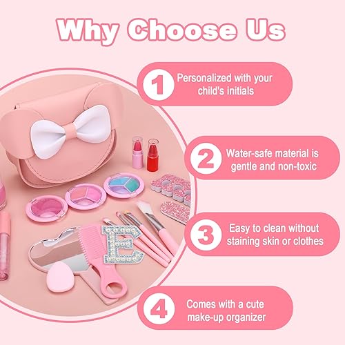 Miniatura 5 de Maquillaje no tóxico para niñas pequeñas, juegos de maquillaje real seguros para niñas de 3 a 8 años con bolsa E inicial, kit de maquillaje para