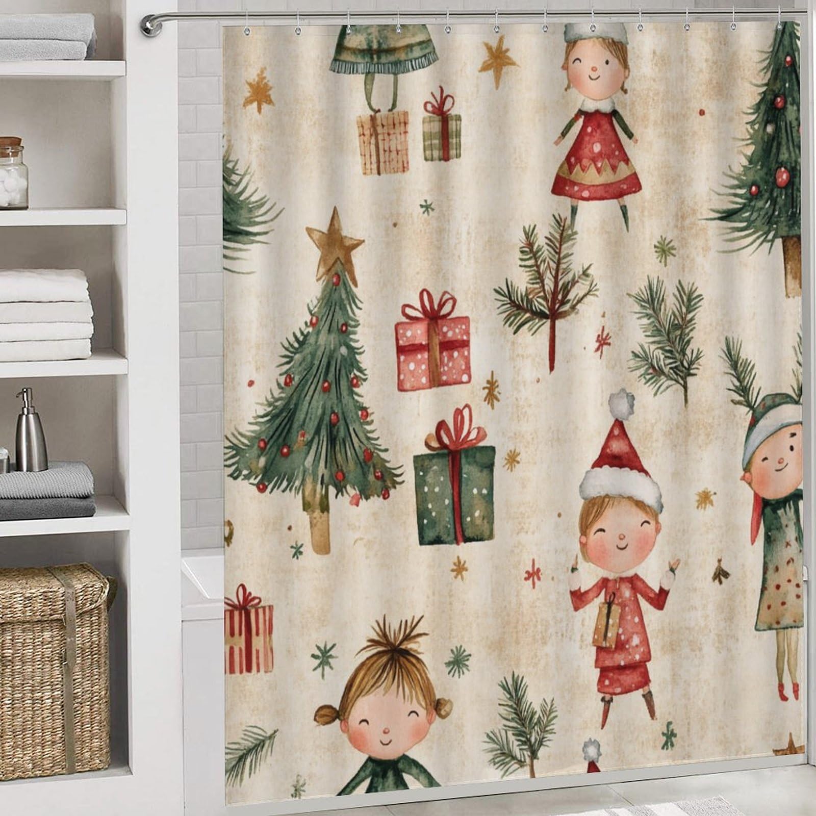 Feliz Navidad Baño de Cuatro Piezas Tappeto De Baño Absorbente Y Antideslizante, Ideal para Usar En Ducha Y Mantener El Suelo Seco 183×183cm