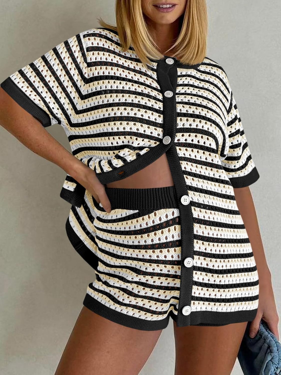 Saodimallsu Womens Crochet Swimsuit Coverup Summer Beach Sets Striped Knit Short Sleeve Button Shirts 2 Piece Short Set - Image 5
