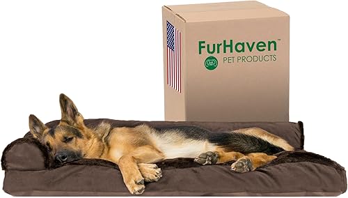 Furhaven Almohada XL para perro, cama de felpa y terciopelo en forma de L con funda extraíble lavable, color marrón Sable, Jumbo (XL)