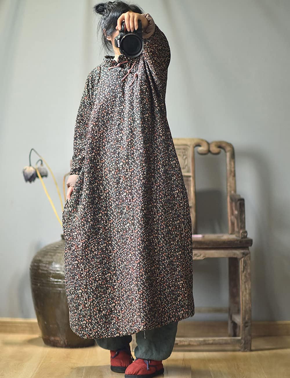 NFYM Women Autumn Winter Warm Padded Floral Outwear Long Cotton Linen Vintage Chinese Style Robe Coat - Image 4