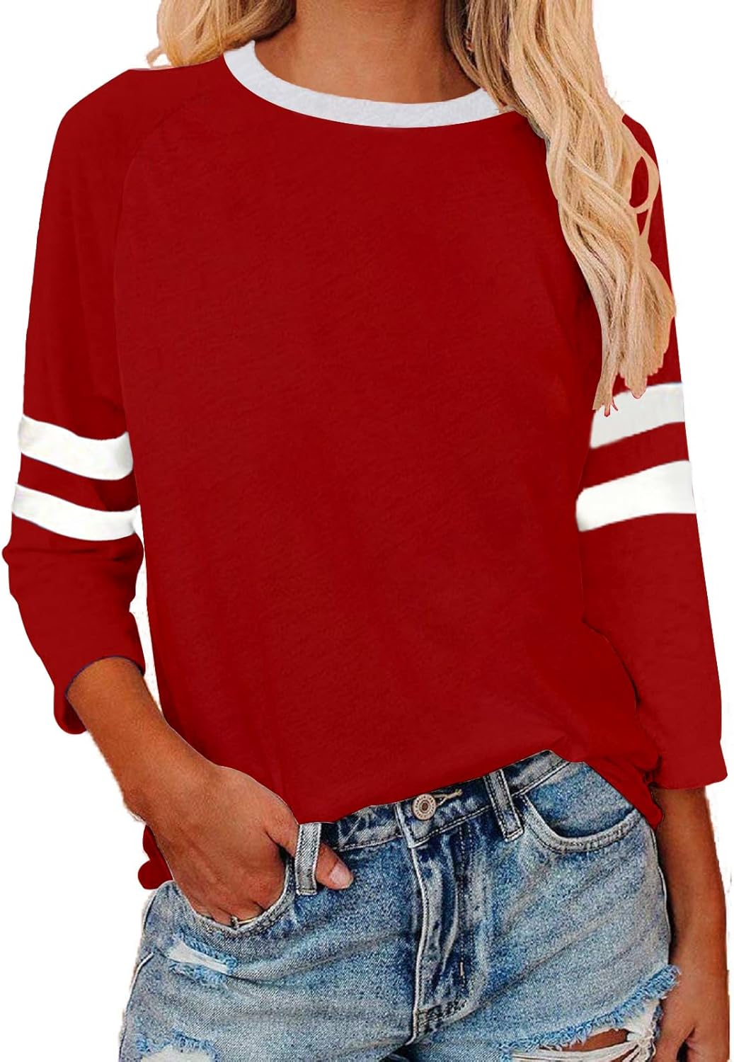 Womens 3/4 Sleeve Fashion Crewneck Tops Patchwork Blouse Casual Loose Comfy Shirt