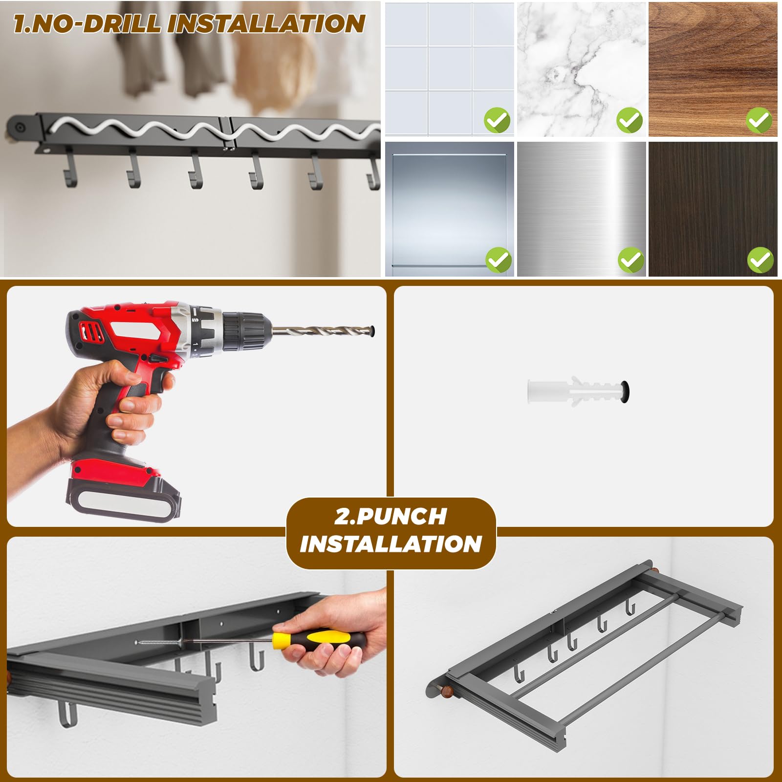 Tendedero Pared Plegable con Barras y 6 Ganchos Compacto Ahorro de Espacio,Compacto Ahorro De Espacio Instalación Dual (Pegamento o Taladro), 70cm para Interior/Exterior Negro Grisáceo