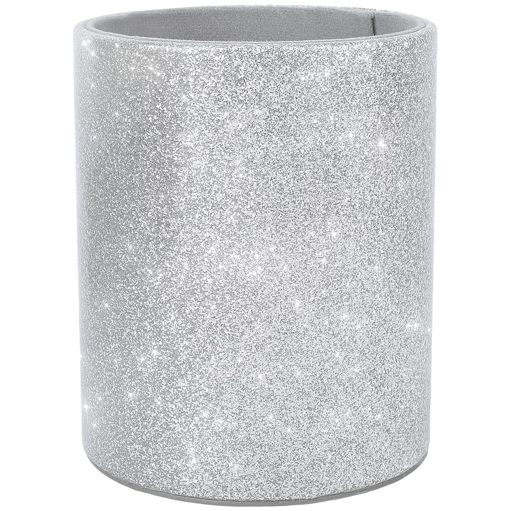 CALFOVERA PU Leather Multifunctional Pens Pot Container Shiny Silver Pencil Holder Cup Round Leather Stationery Luxury Glitter Bling Makeup Brush Stroage Box Case Desktop Organizer for Desk Office โ image 1