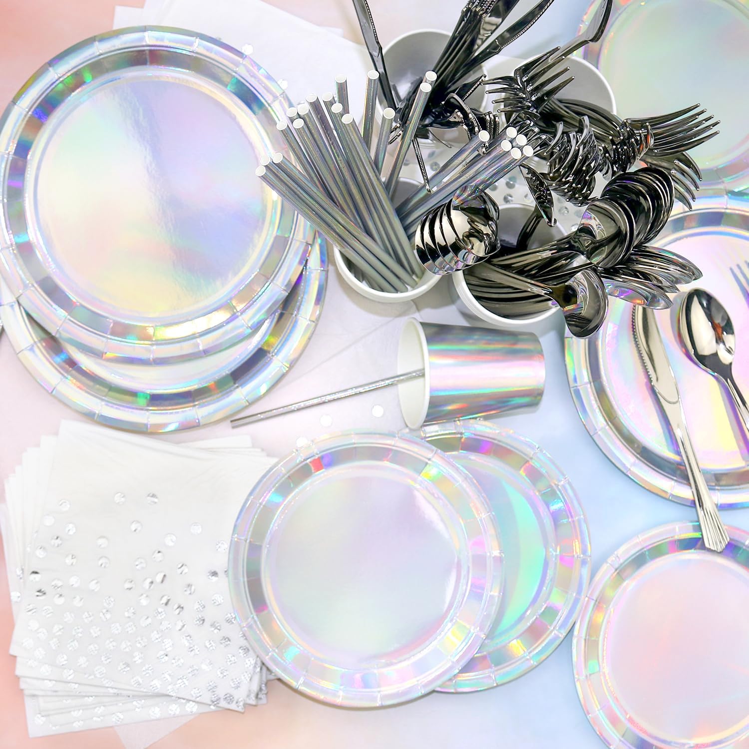 161Pack Iridescent Party Supplies, Holographic Party Tableware - Iridescent Cup Straws Napkins Forks Knives Spoons Iridescent Foil Tablecloths for Birthday Disco Wedding 80s Party, Serves 20 (20 Set) - Image 4
