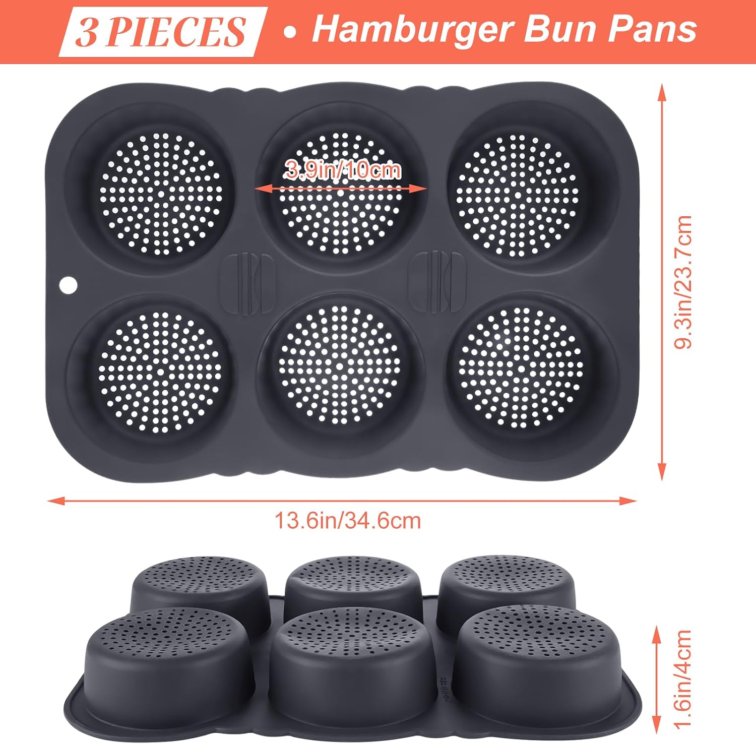 WOPPLXY 3 Pcs 4 Inch Hamburger Bun Pan, 6 Cavity Silicone Hamburger Bun for Baking, Nonstick & Heat Resistant Burger Bun Pan, Silicone Hamburger Bun Pan for Homemade Hamburger Buns, Dishwasher Safe
